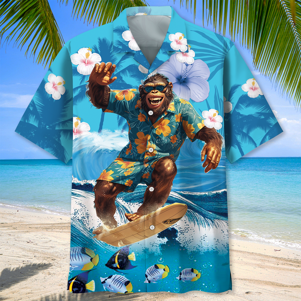 Bigfoot Surfing Hawaiian Shirt