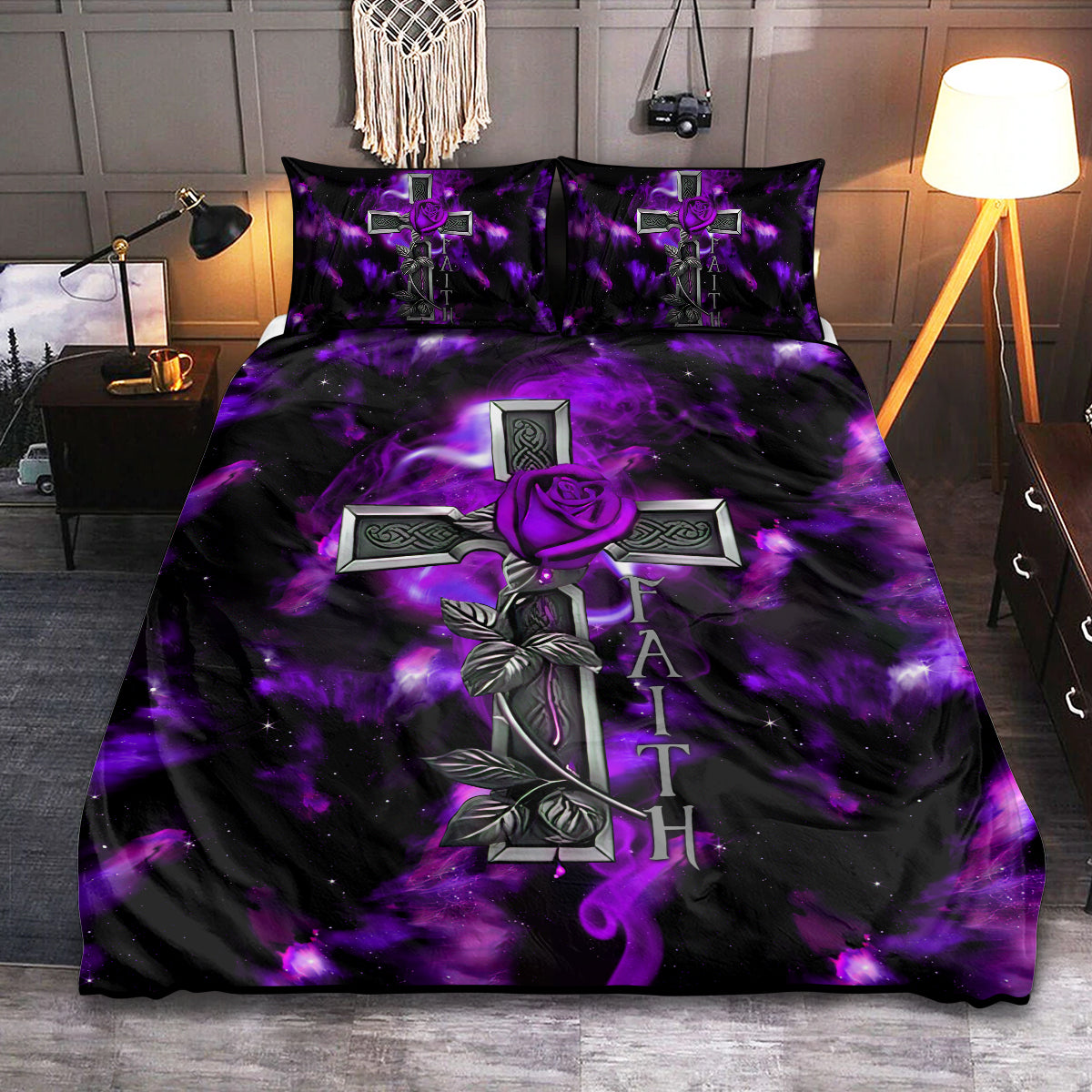 Jesus Faith Purple Rose Jesus Cross Christian Galaxy Sky - Bedding Cover