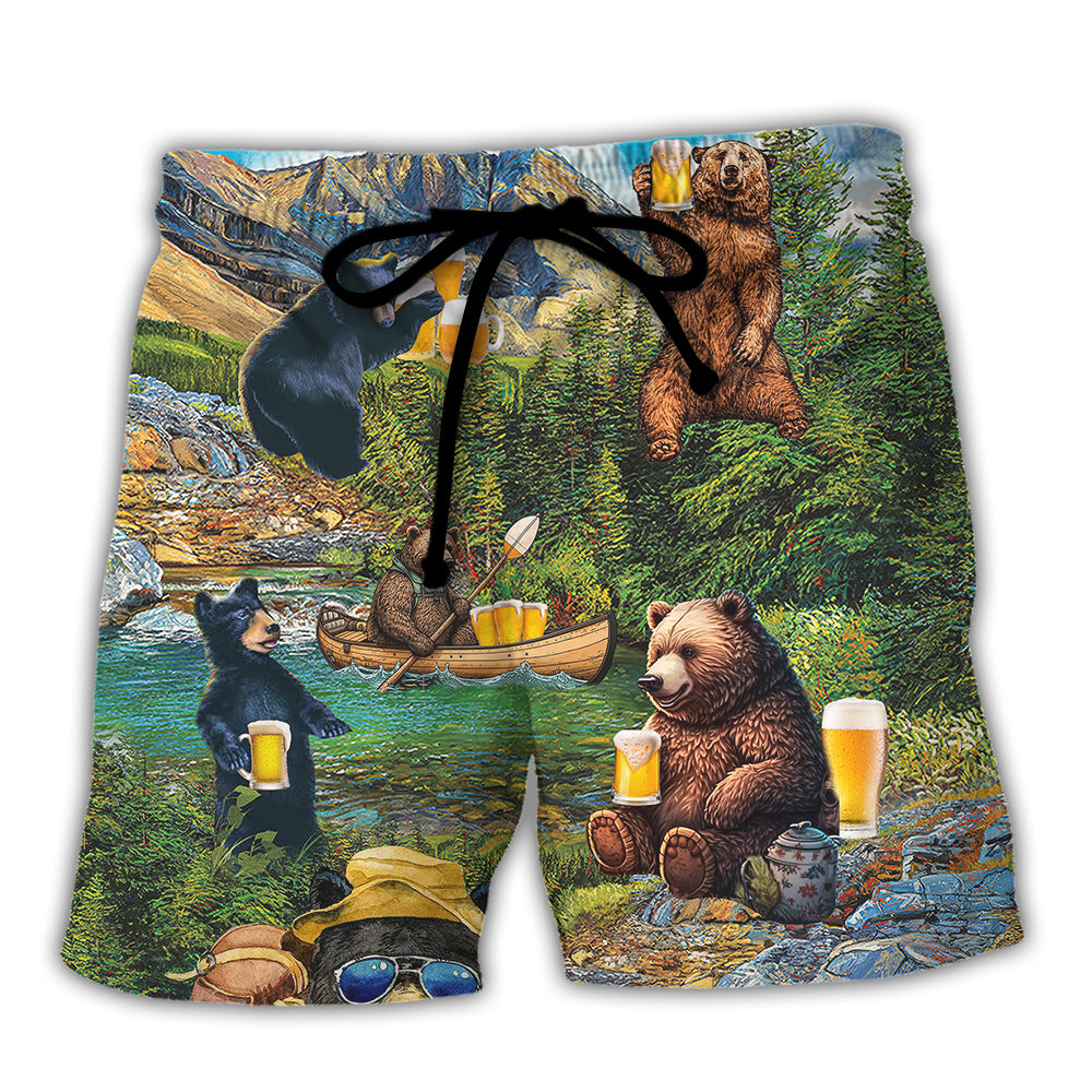 Camping Funny Bear Drinking Camping and Beer Why I'm Here - Beach Short