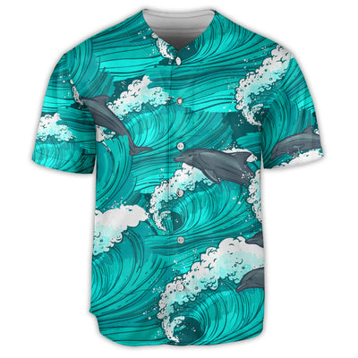 Dolphin With Wave Art Style - Baseball Jersey - Owls Matrix LTD