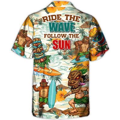 Surfing Funny Bear And Tiki Ride The Wave Follow The Sun Lovers Surfing - Hawaiian Shirt