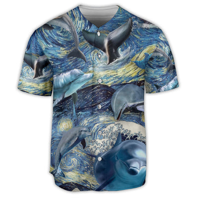Dolphin And The Moon Art Starry Night - Baseball Jersey - Owls Matrix LTD