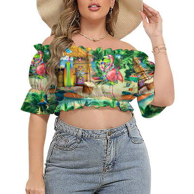 Flamingo Stay Aloha And Live The Hi Life - Cropped Top With Short Puff Sleeve