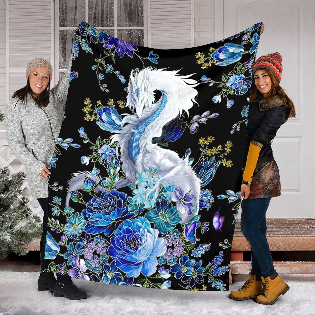 Dragon Blue And White - Flannel Blanket - Owls Matrix LTD