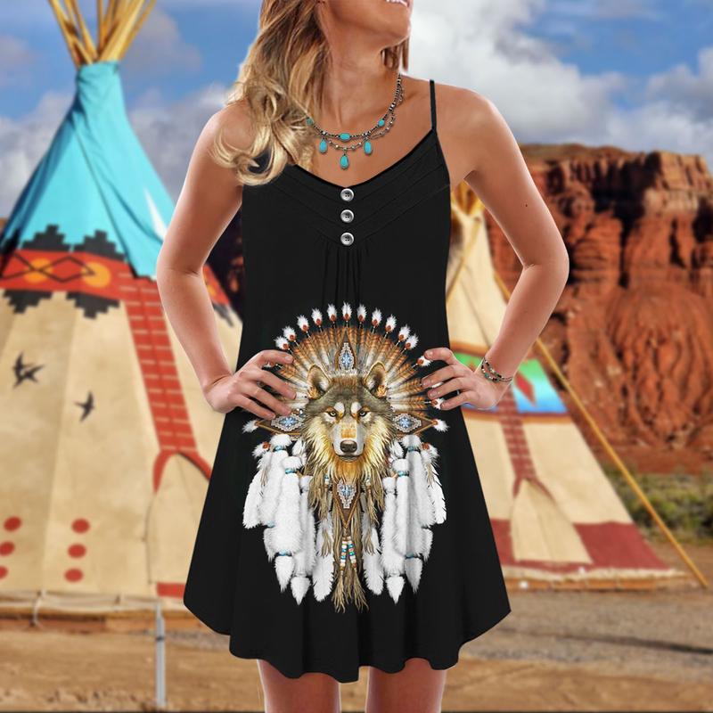 Native Wolf And Black Peaceful Vibes - Summer Dress - Owls Matrix LTD