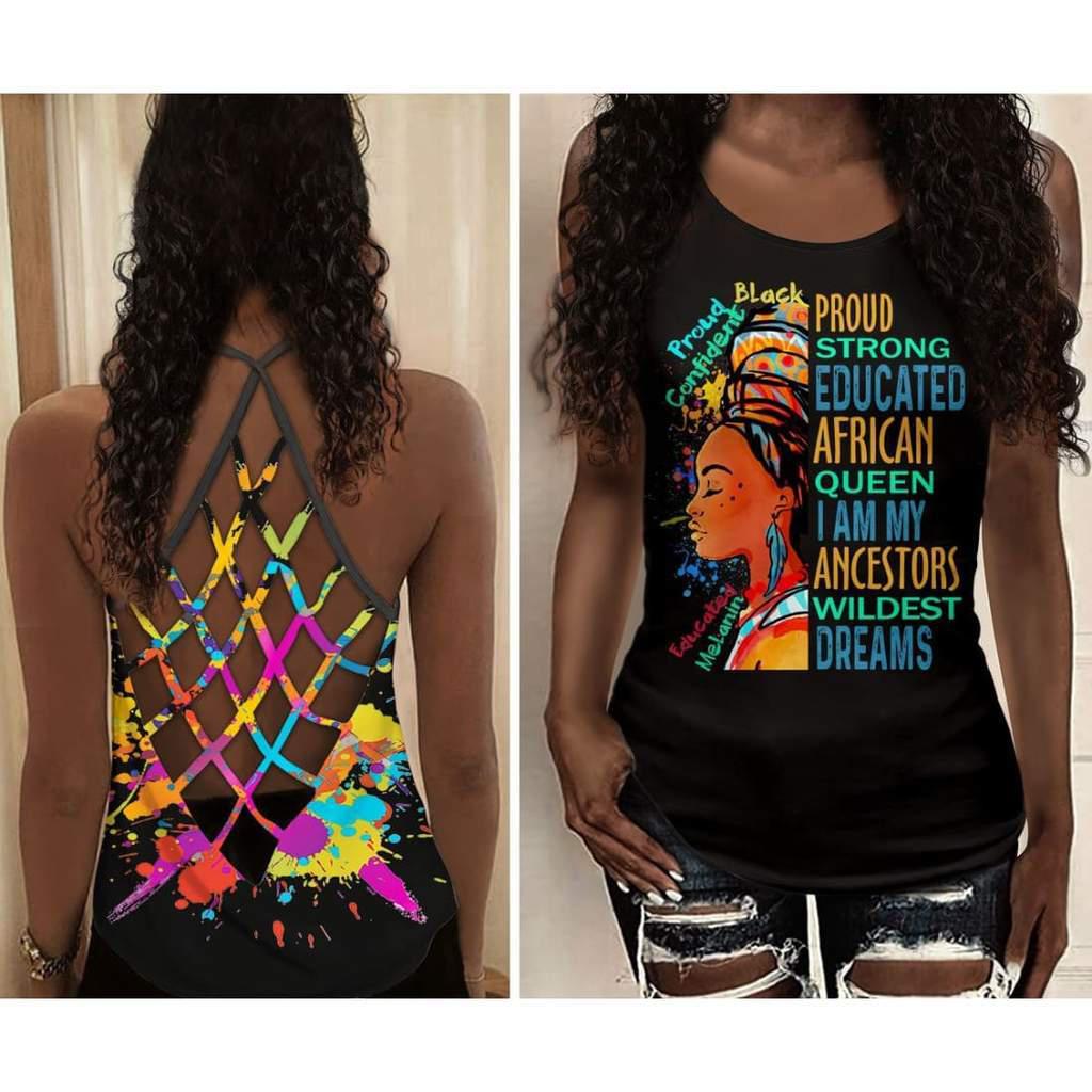 Black Woman Love Peace Proud Strong Educated - Cross Open Back Tank Top - Owls Matrix LTD