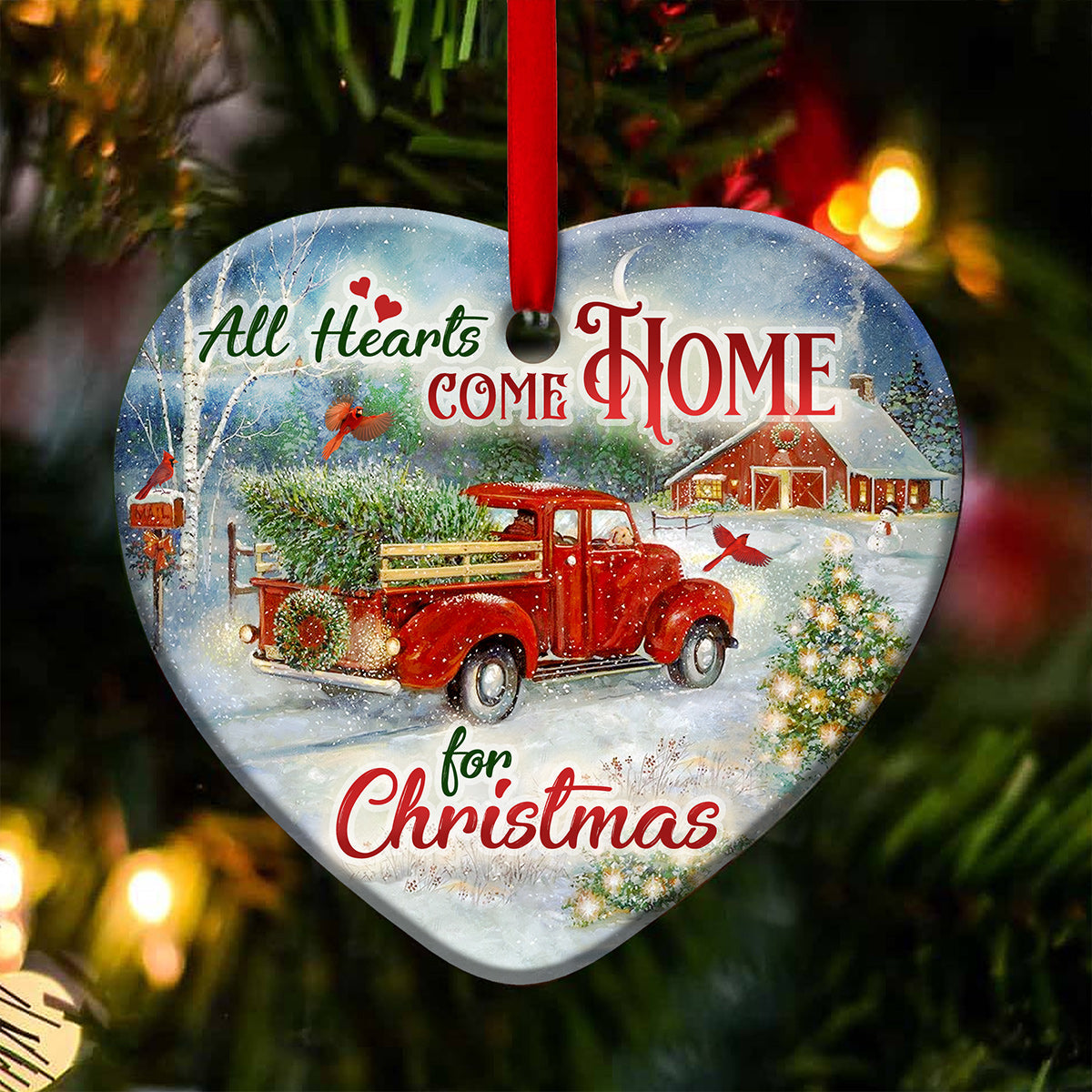 Red Truck All Hearts Come Home - Heart Ornament - Owls Matrix LTD