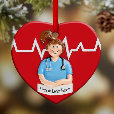 Nurse Front Line Hero - Heart Ornament - Owls Matrix LTD