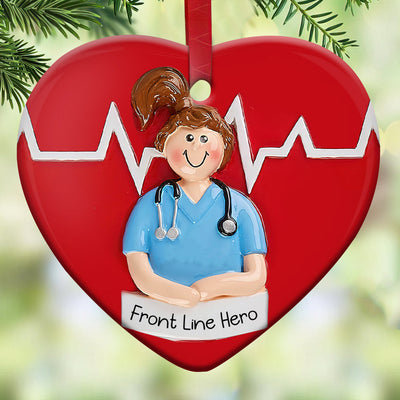 Nurse Front Line Hero - Heart Ornament - Owls Matrix LTD