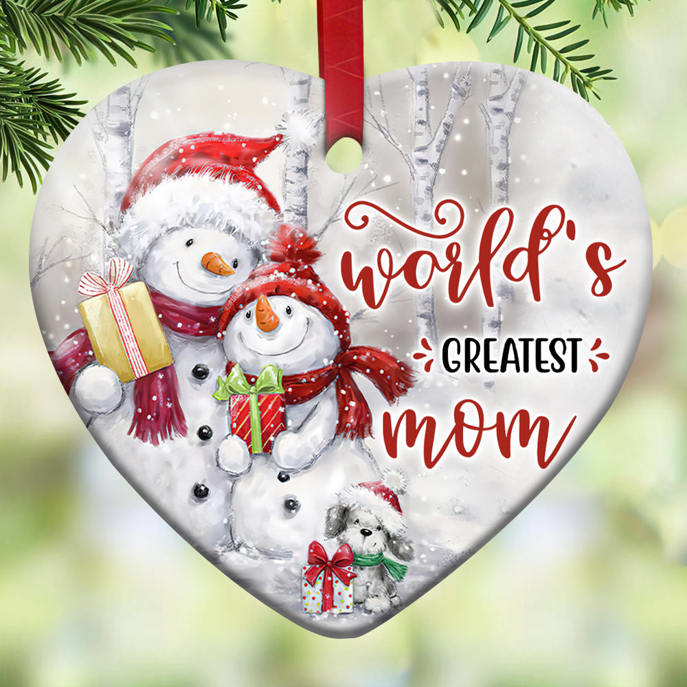 Snowman World's Greatest Mom Christmas - Heart Ornament - Owls Matrix LTD