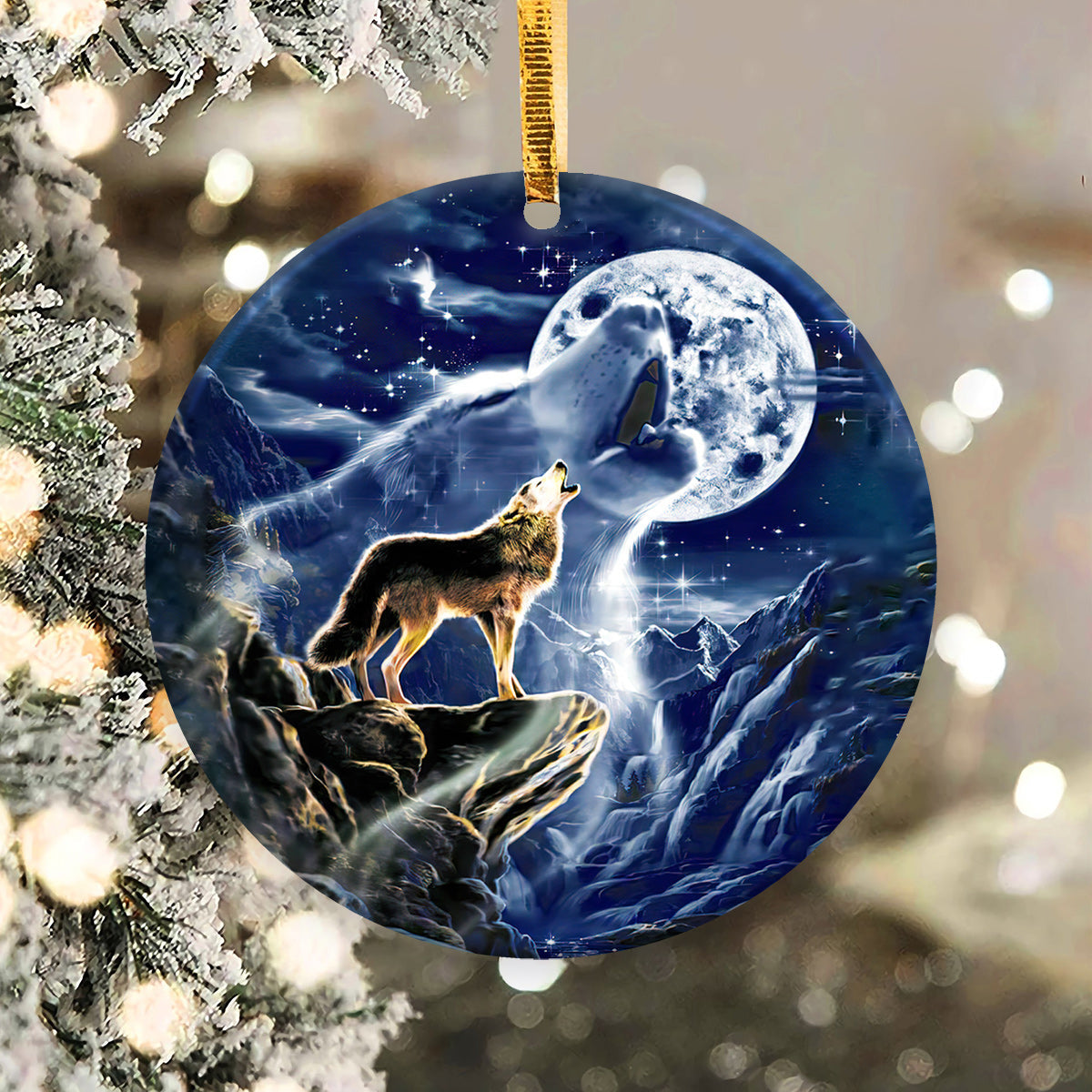 Wolf On The Mountain Moon - Circle Ornament - Owls Matrix LTD