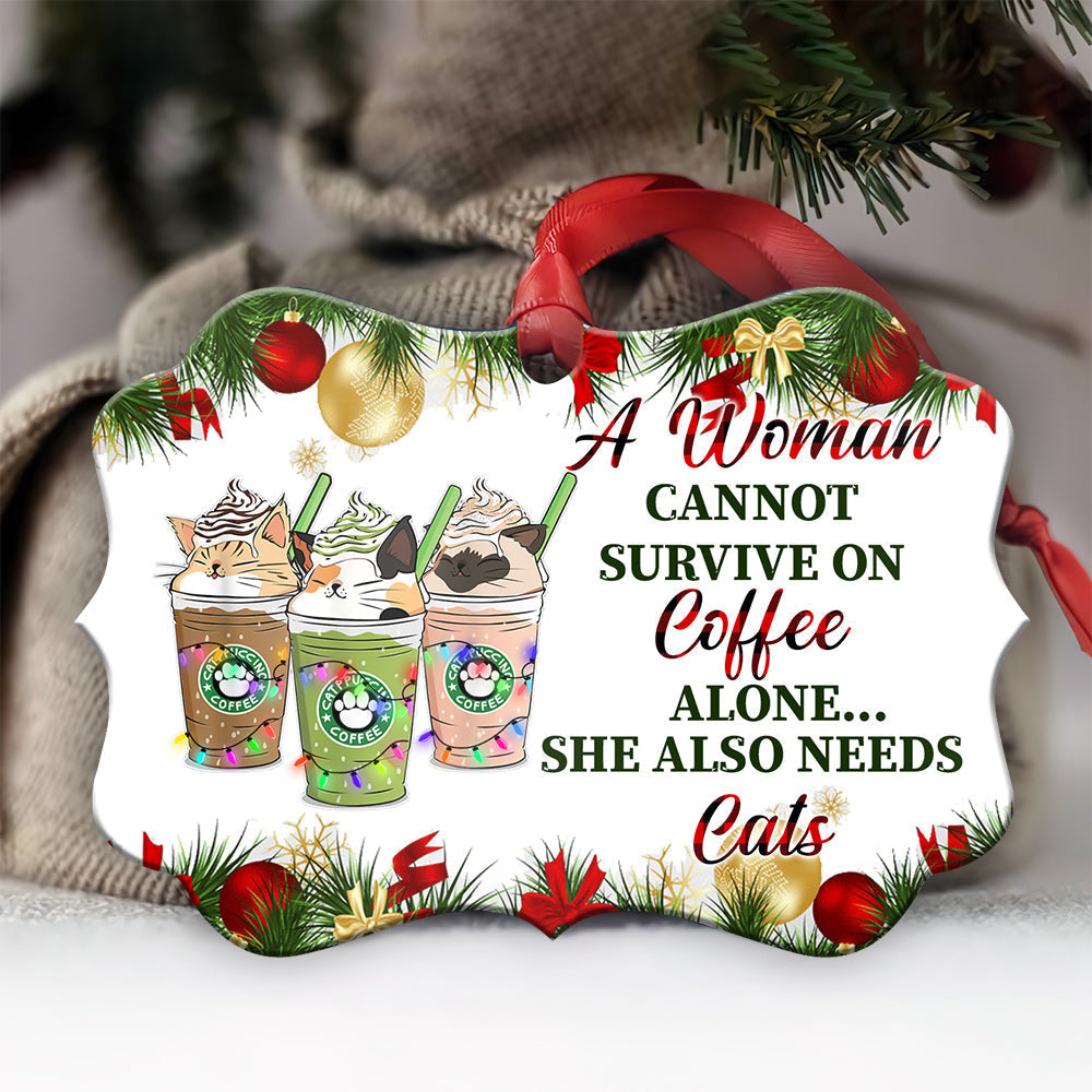 Cat Christmas Coffee Alone - Horizontal Ornament - Owls Matrix LTD