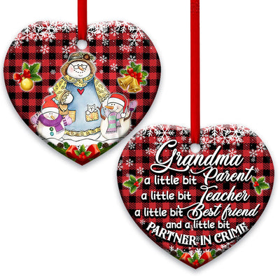 Family Snowman Grandma With Two Children - Heart Ornament - Owls Matrix LTD