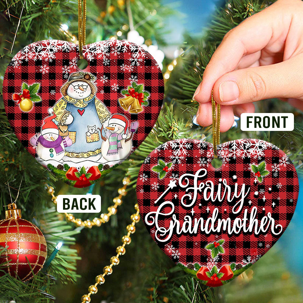 Family Snowman Fairy Grandmother With Two Grandkids - Heart Ornament - Owls Matrix LTD