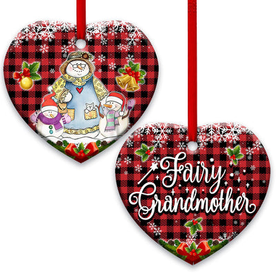 Family Snowman Fairy Grandmother With Two Grandkids - Heart Ornament - Owls Matrix LTD