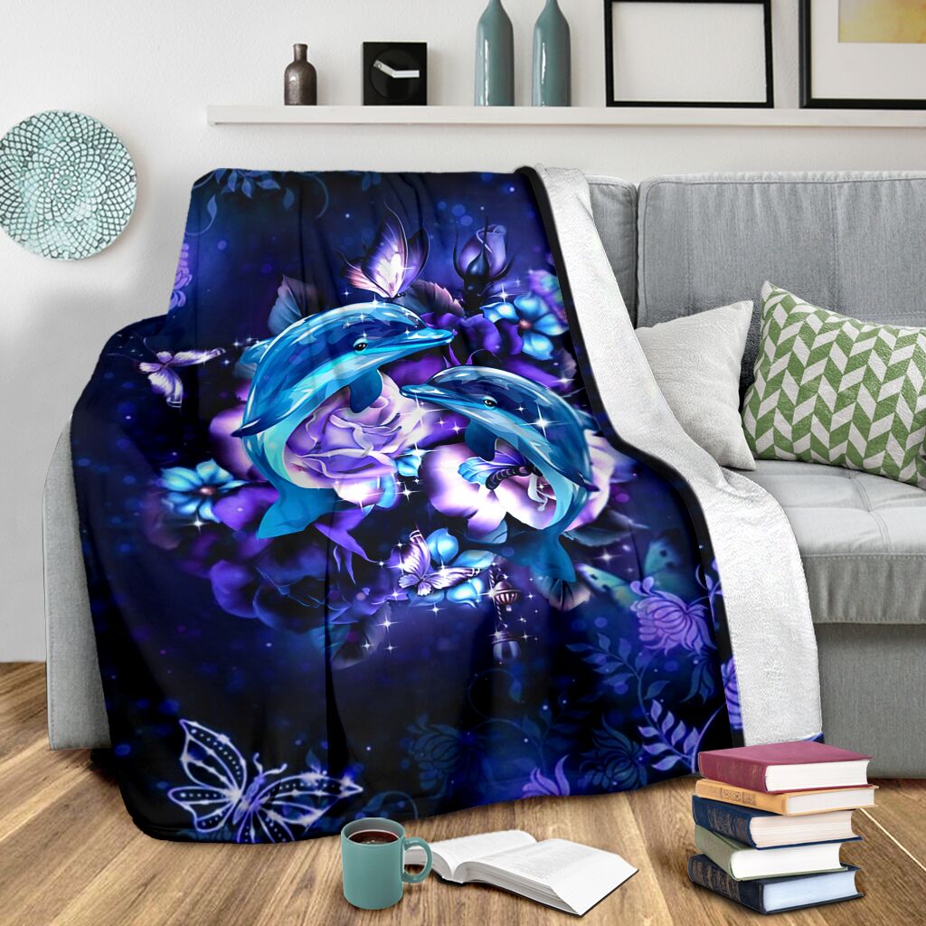 Dolphin And Blue Flowers Dolphin - Flannel Blanket - Owls Matrix LTD