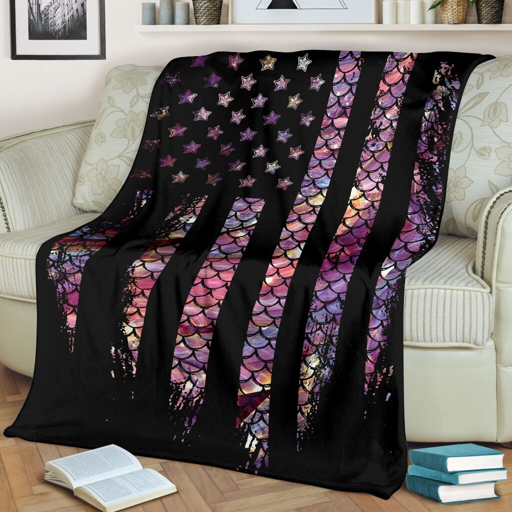 Mermaid Scales US Flag So Cool - Flannel Blanket - Owls Matrix LTD