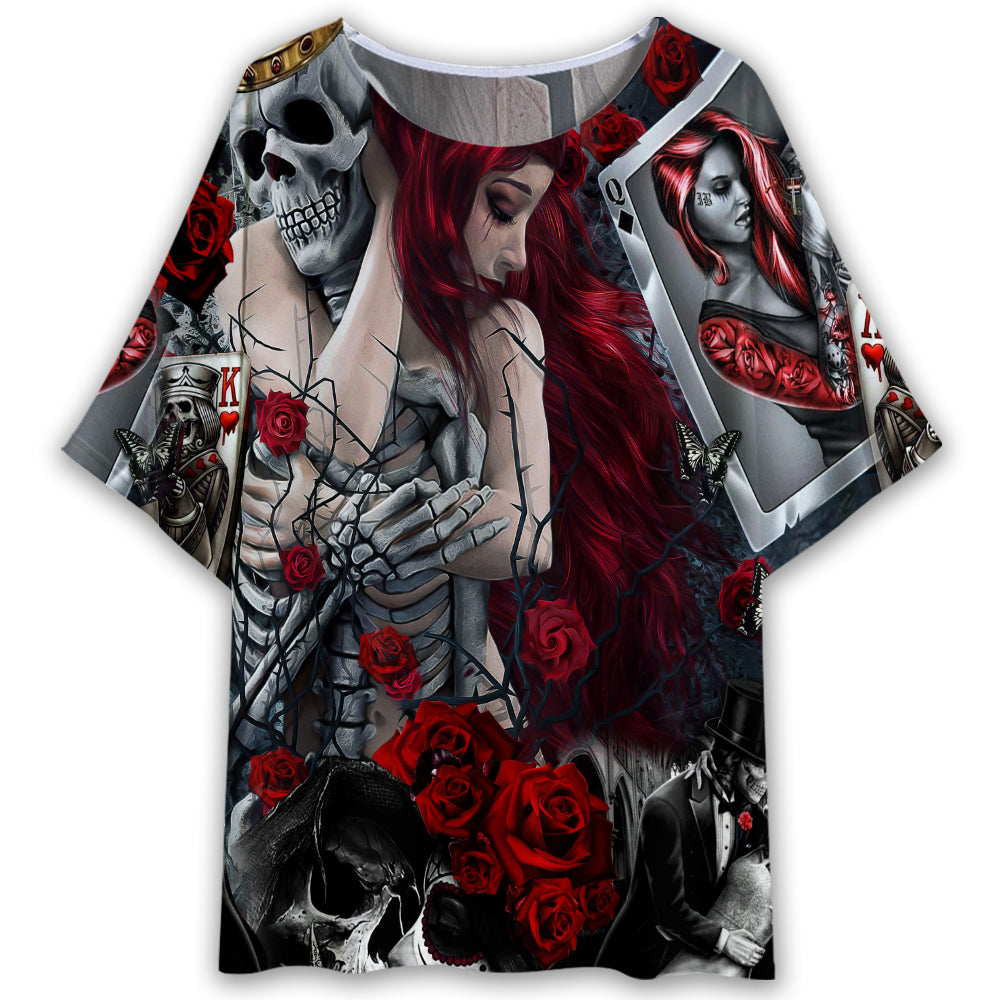 S Skull Love Is Life Rose - Women's T-shirt With Bat Sleeve - Owls Matrix LTD