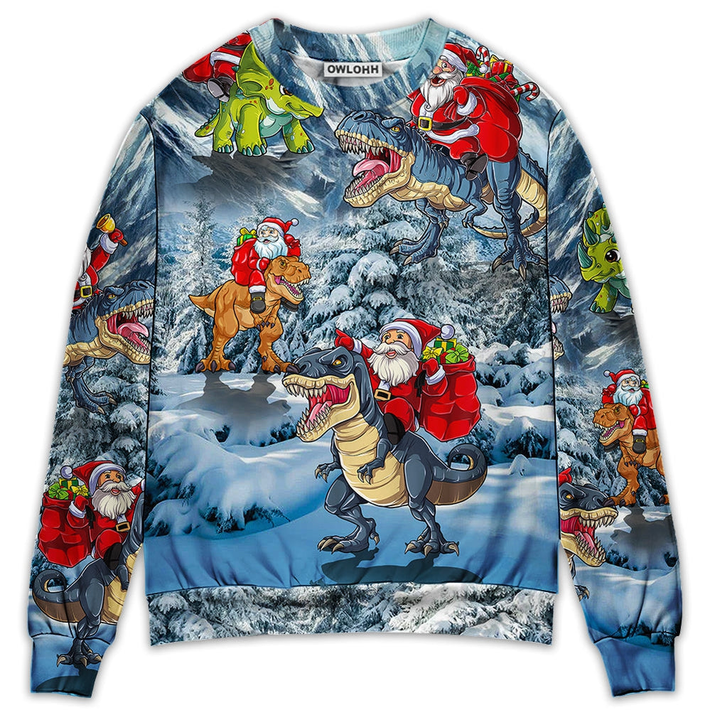 Sweater / S Christmas Santa Claus Riding Dinosaur Christmas Tree Gift Light Art Style - Sweater - Ugly Christmas Sweaters - Owls Matrix LTD