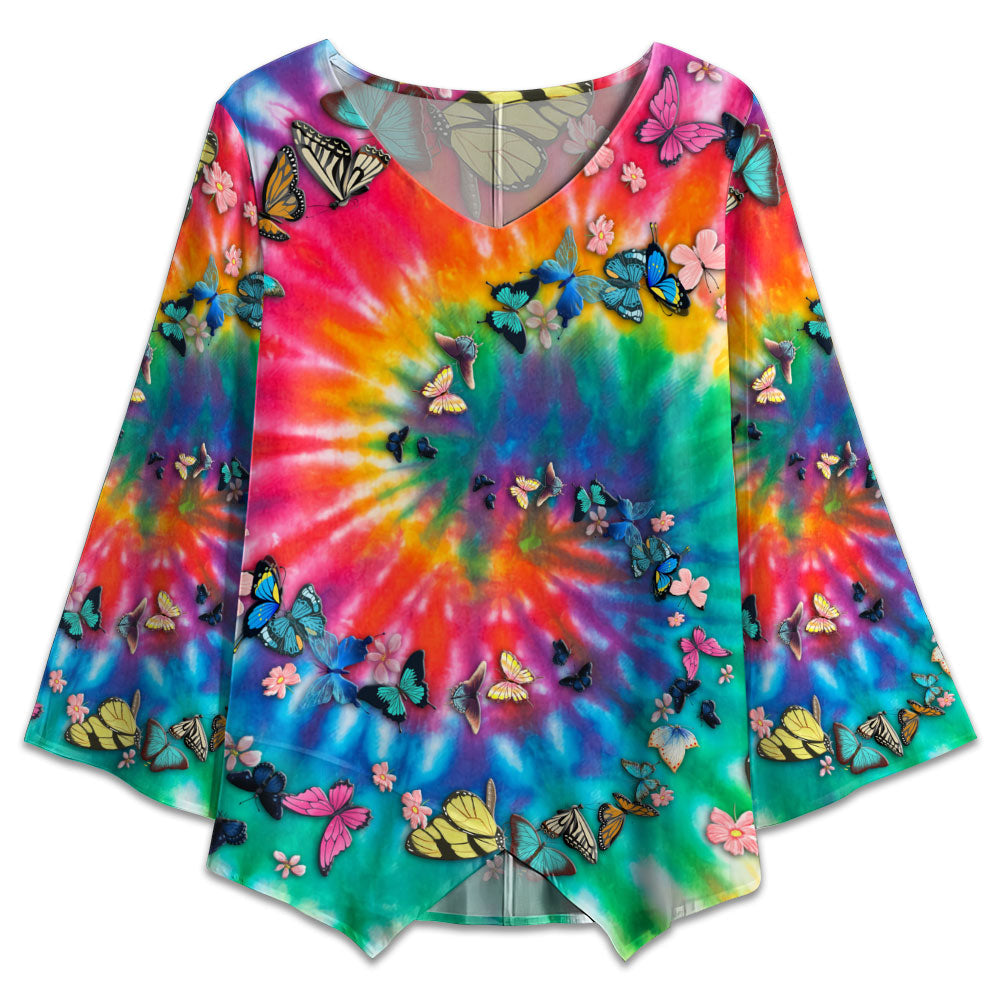 S Hippie Tie Dye Butterflies - V-neck T-shirt - Owls Matrix LTD