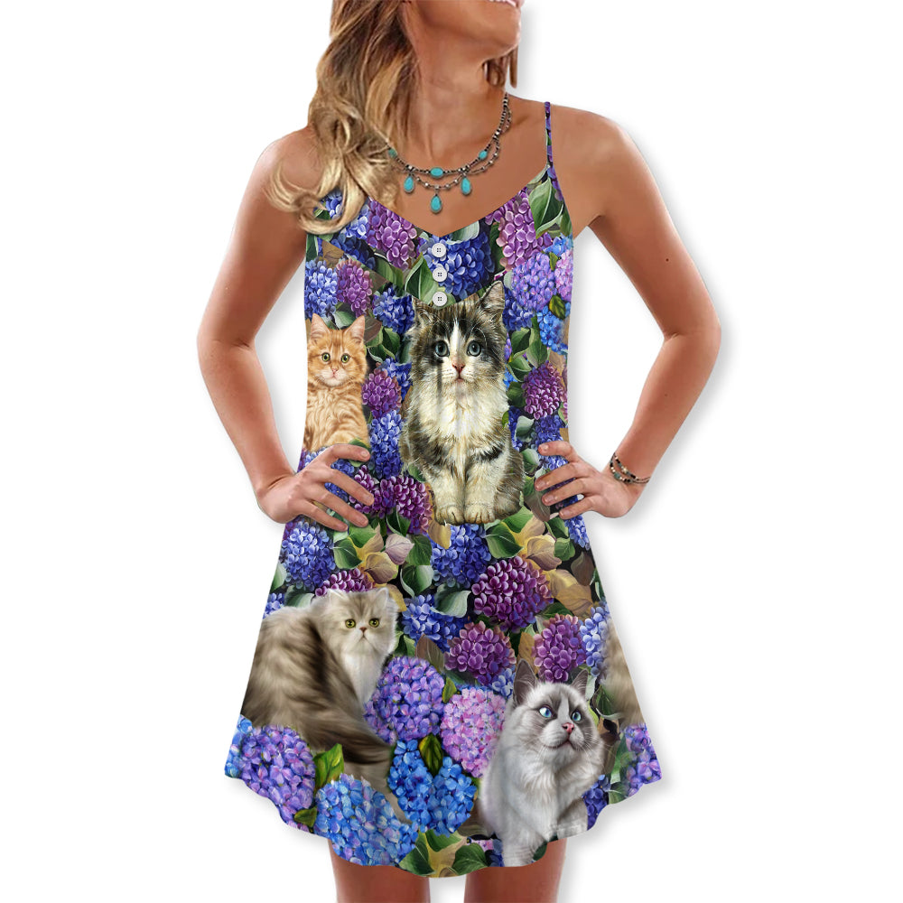 Cat Lovely And Purple Flowers - V-neck Sleeveless Cami Dress - Owls Matrix LTD
