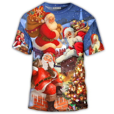 S Christmas Up On Rooftop Santa Claus Art Style - Round Neck T-shirt - Owls Matrix LTD
