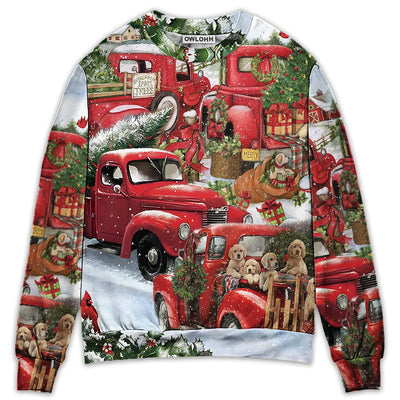 Sweater / S Christmas Red Truck With Xmas Tree And Little Puppy - Sweater - Ugly Christmas Sweaters - Owls Matrix LTD
