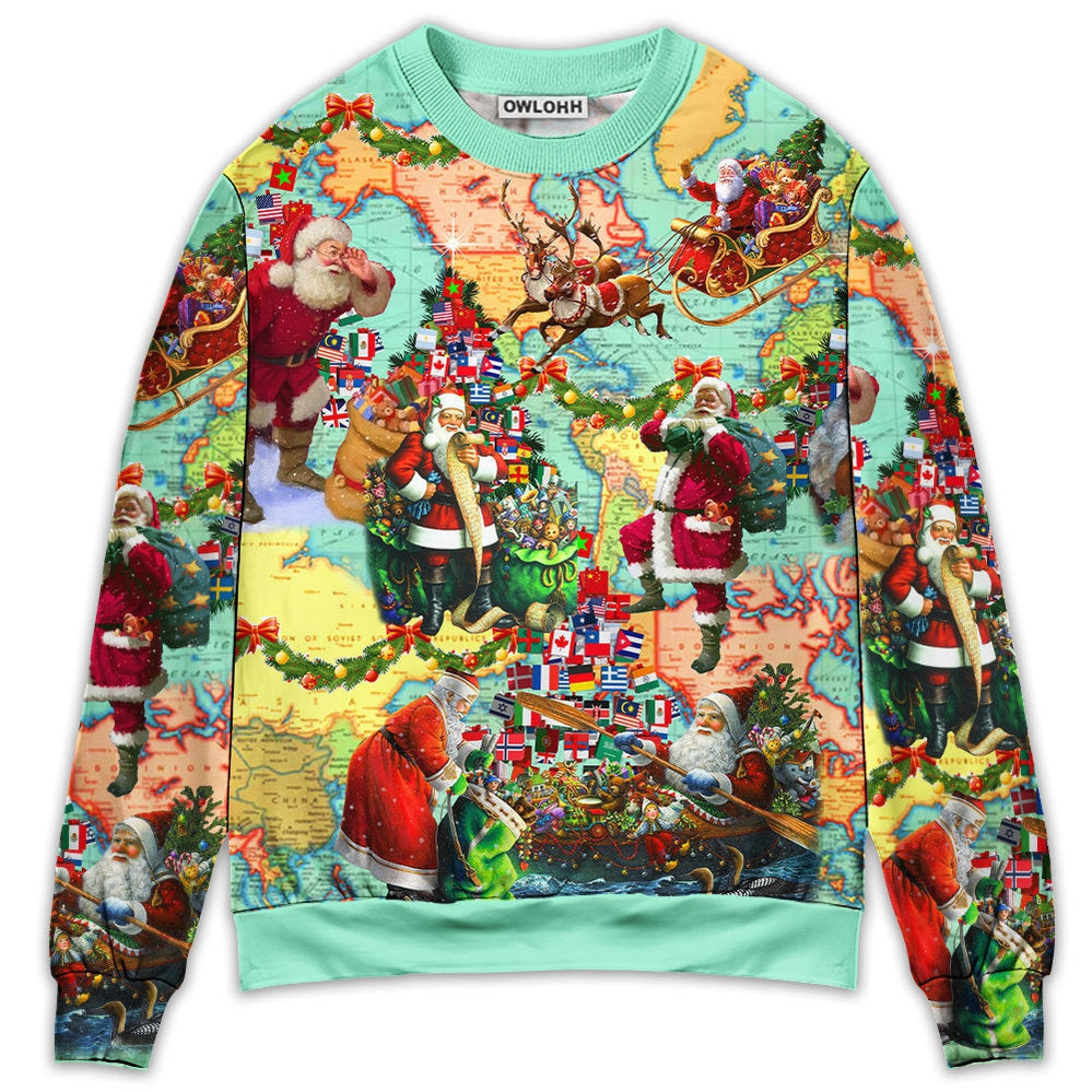 Sweater / S Chirstmas Love Santa World Map - Sweater - Ugly Christmas Sweaters - Owls Matrix LTD