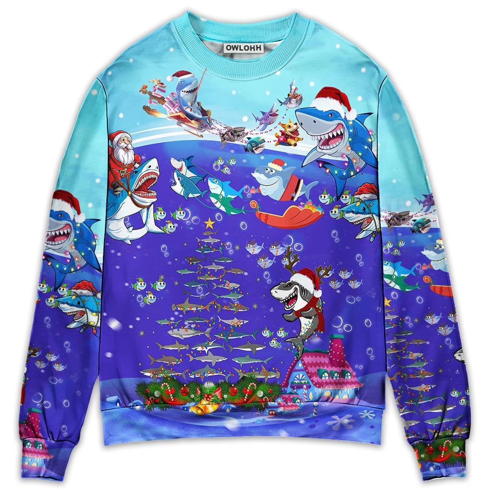 Sweater / S Christmas Santa Shark Sits On Rockets And Brings Gifts To Ocean - Sweater - Ugly Christmas Sweaters - Owls Matrix LTD