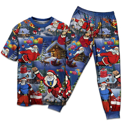 T-shirt + Pants / S Christmas Flying Super Santa - Pajamas Short Sleeve - Owls Matrix LTD
