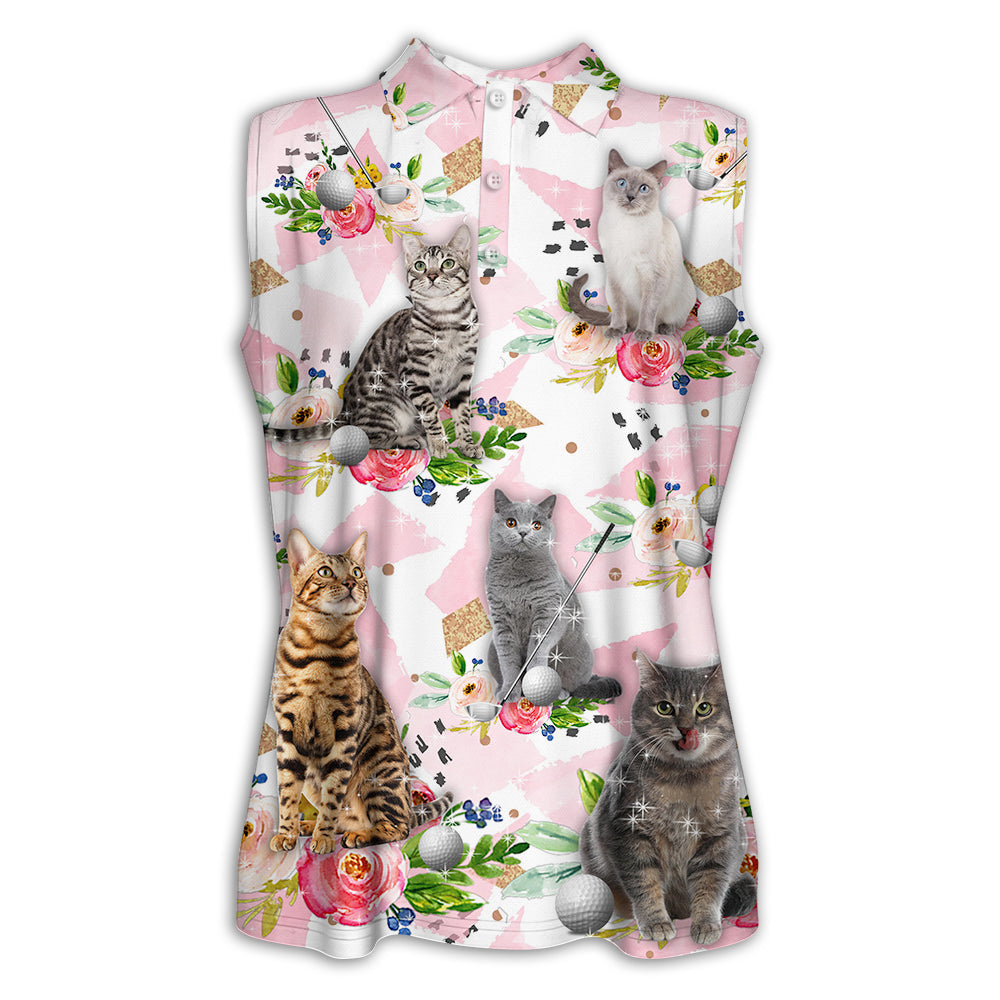 XS Cat Play Golf Tropical Flower Bling Style - Women's Polo Shirt - Owls Matrix LTD