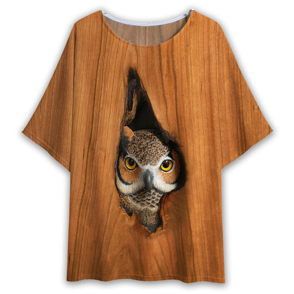 S Owl Wooden Vintage Art - Women's T-shirt With Bat Sleeve - Owls Matrix LTD