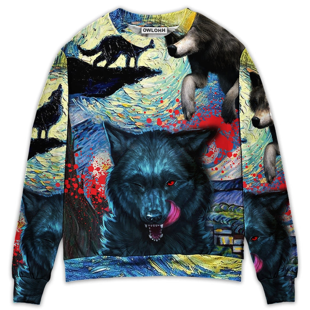 Sweater / S Halloween Black Wolf Crazy Starry Night Blood Art Style - Sweater - Ugly Christmas Sweaters - Owls Matrix LTD