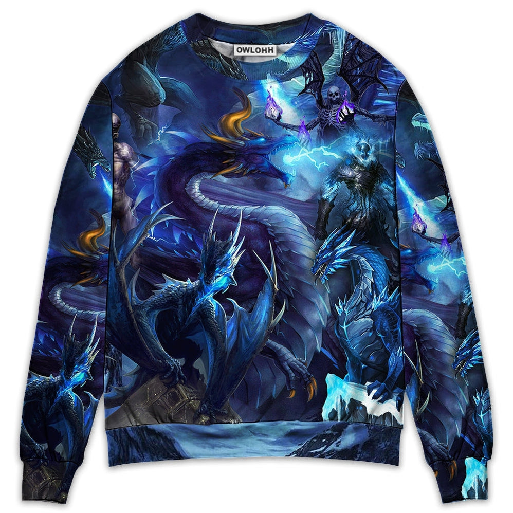 Sweater / S Dragon Blue Skull Fire Lightning Art Style - Sweater - Ugly Christmas Sweaters - Owls Matrix LTD