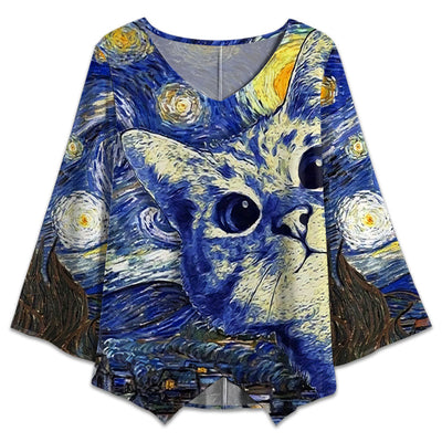S Cat Starry Night Art Style - V-neck T-shirt - Owls Matrix LTD