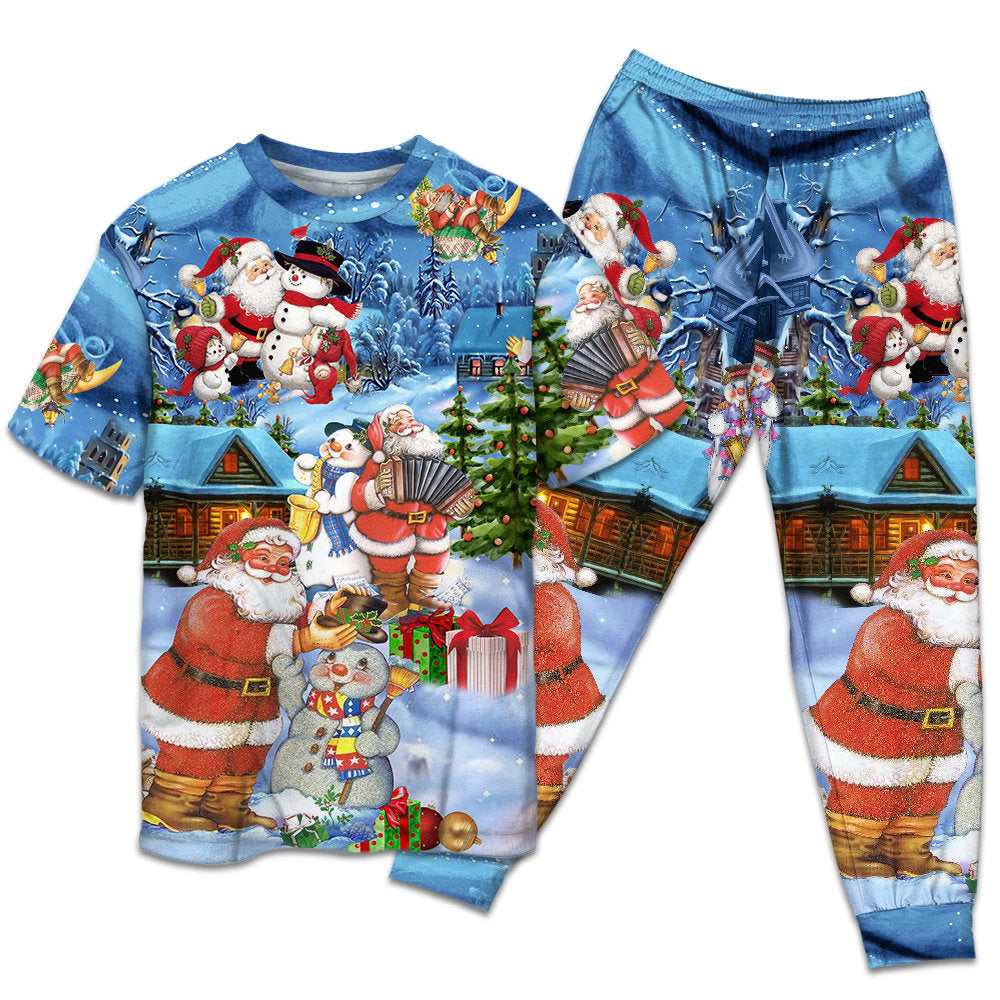 T-shirt + Pants / S Christmas Santa And Snowman Best Friends - Pajamas Short Sleeve - Owls Matrix LTD