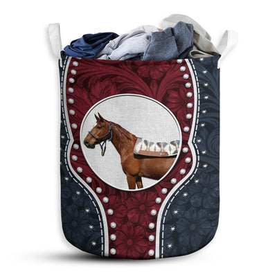 Horse Navy Leather Blue And Red For Belva - Laundry Basket - Owls Matrix LTD