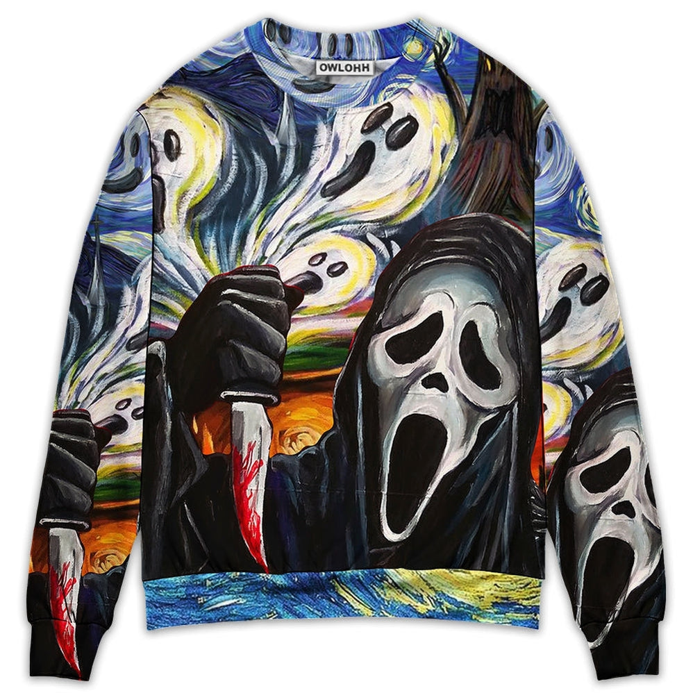 Sweater / S Halloween Ghost Scream Starry Night Funny Boo Art Style - Sweater - Ugly Christmas Sweaters - Owls Matrix LTD