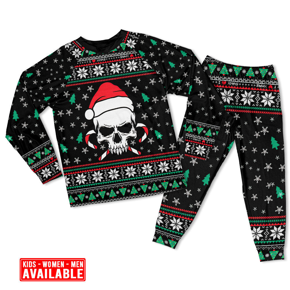 Women / S Christmas Skull Wearing Santa Claus Hat And Sweat Candy - Pajamas Long Sleeve - Owls Matrix LTD