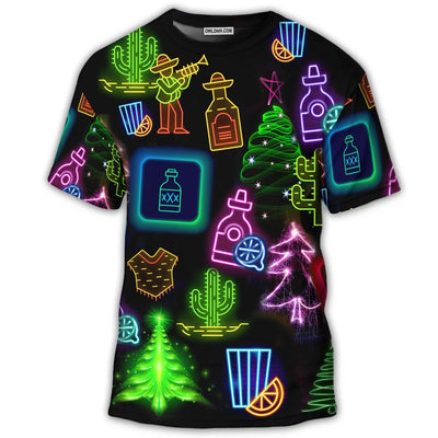 S Wine Tequila Christmas Neon Art Drinking - Round Neck T-shirt - Owls Matrix LTD