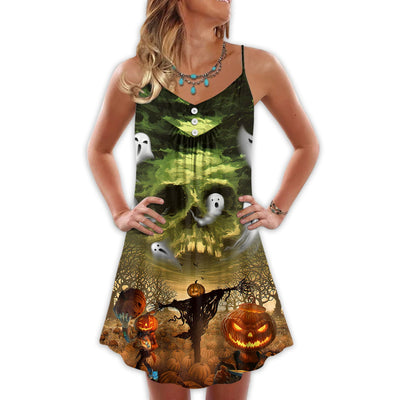 Halloween Pumpkin Crazy Ghost Style - V-neck Sleeveless Cami Dress - Owls Matrix LTD