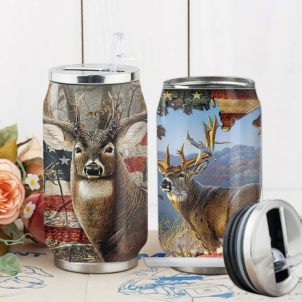 S Hunting Deer American Flag - Soda Can Tumbler - Owls Matrix LTD