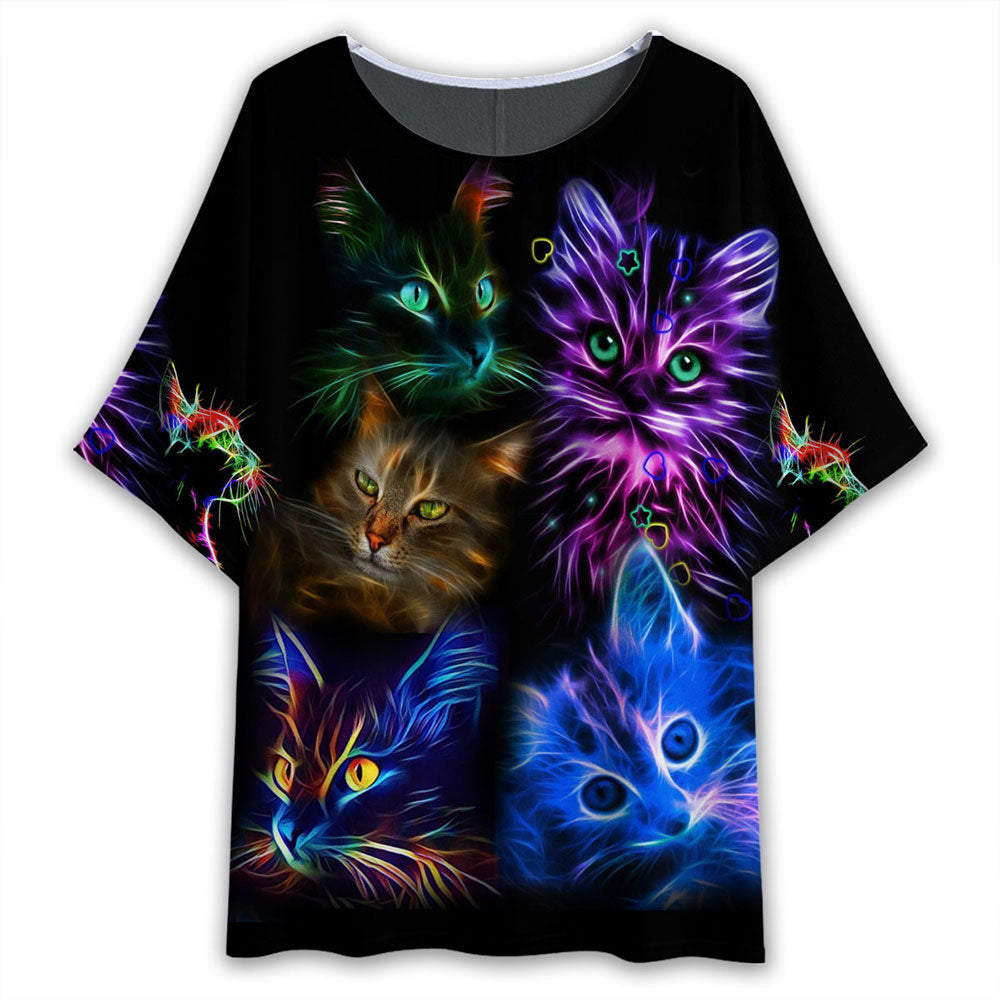 S Cat Neon Cats Style - Women's T-shirt With Bat Sleeve - Owls Matrix LTD