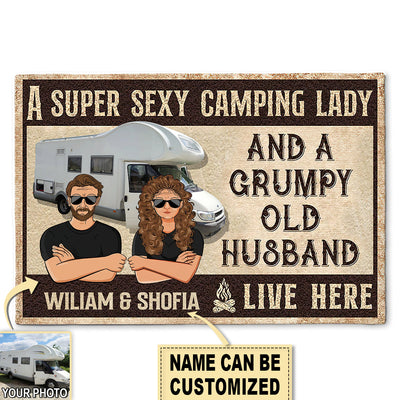 S ( 16X24 INCHES ) Camping A Super Sexy Camping Lady And A Grumpy Old Husband Live Here Custom Photo Personalized - Doormat - Owls Matrix LTD