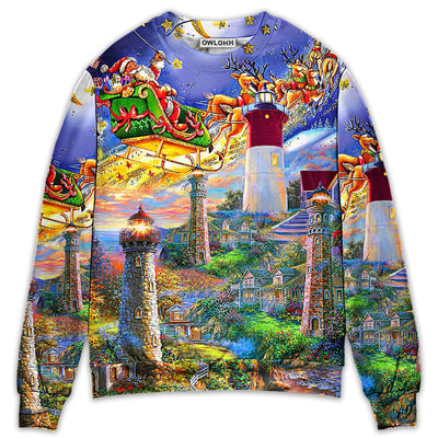 Sweater / S Lighthouse Christmas Santa Home The Light Is - Sweater - Ugly Christmas Sweaters - Owls Matrix LTD