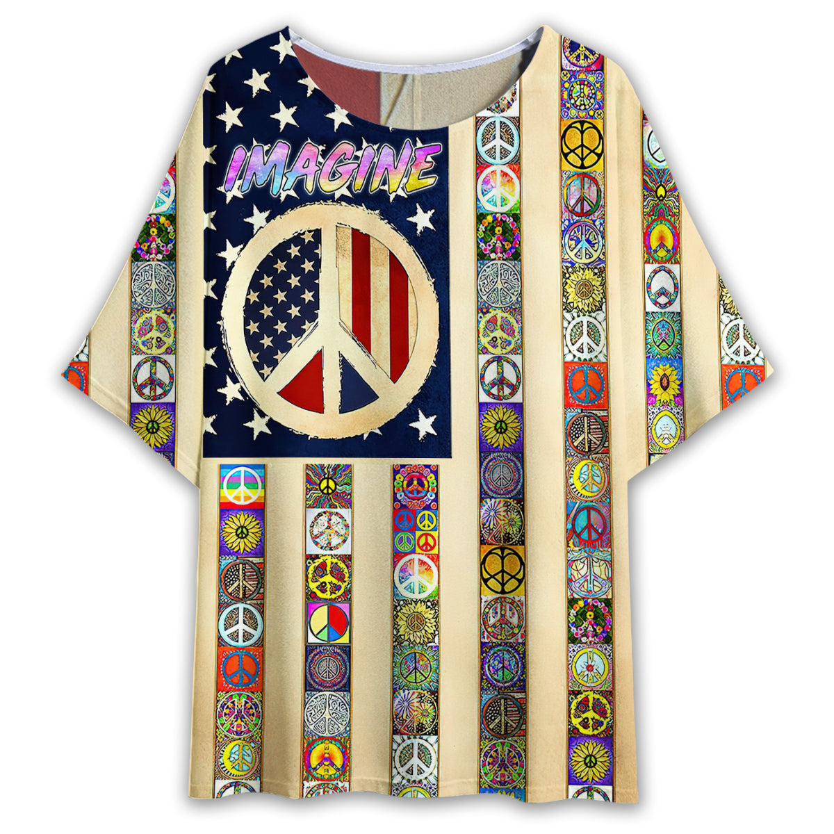 S Hippie Imagine All The People Living Life In Peace Flag - Women's T-shirt With Bat Sleeve - Owls Matrix LTD