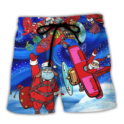 Christmas No Reindeer Any More Santa Loves Airplane Magic Night - Beach Short - Owls Matrix LTD