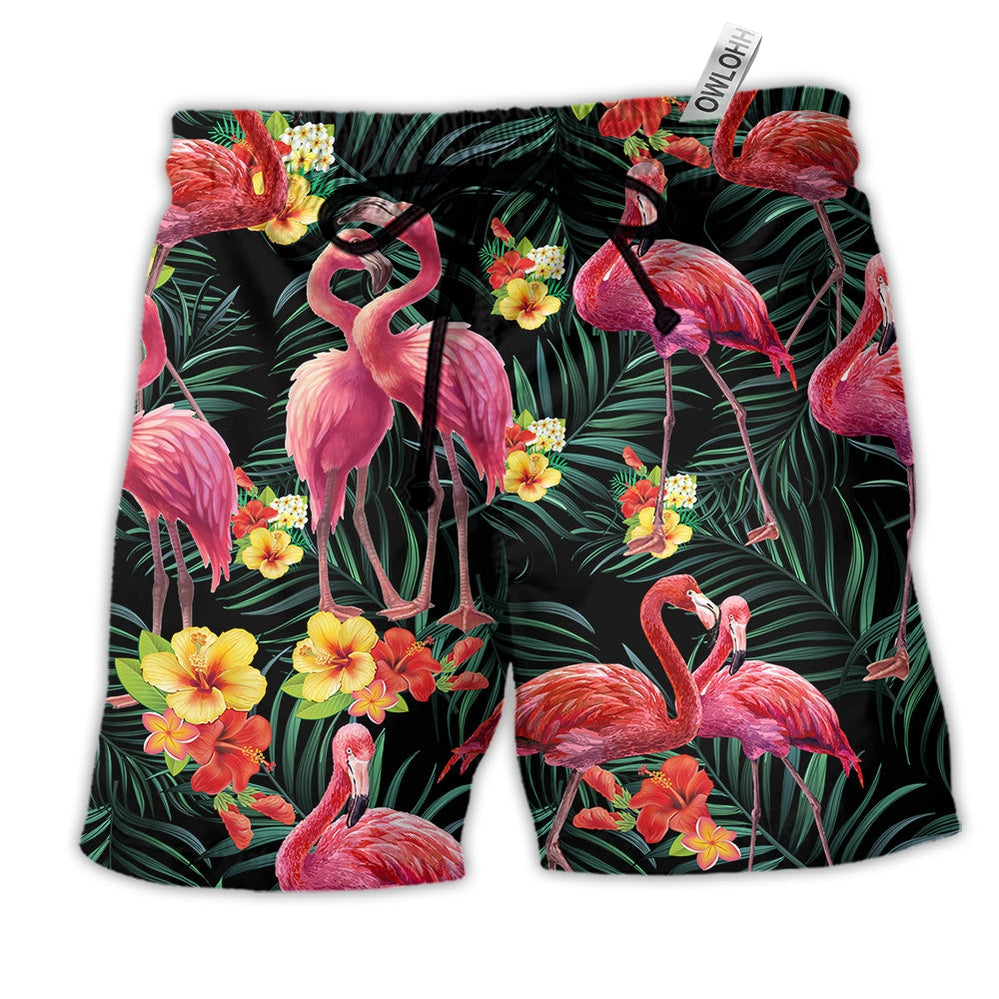 Beach Short / Adults / S Flamingo Couple Love Flowers - Beach Short - Owls Matrix LTD
