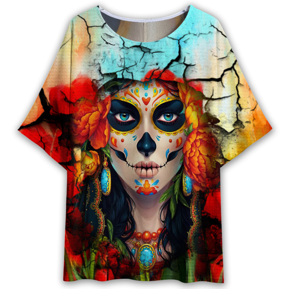 S Sugar Skull Love Flower Style - Women's T-shirt With Bat Sleeve - Owls Matrix LTD