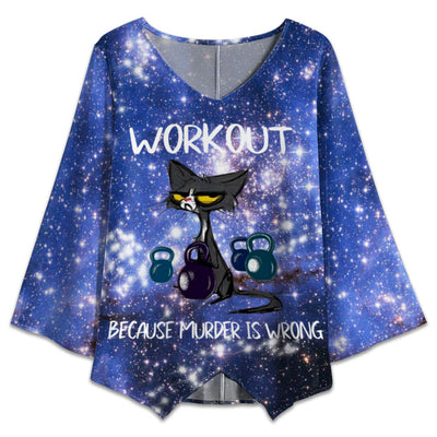 S Black Cat Workout Because Murder Is Wrong - V-neck T-shirt - Owls Matrix LTD